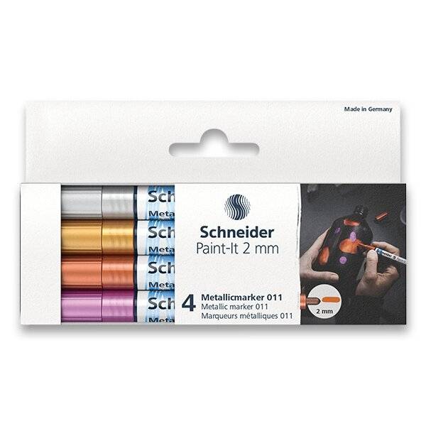 Sada metalických popisovačů Schneider 4ks, hrot 2mm: Růžová, bronzová, zlatá, stříbrná